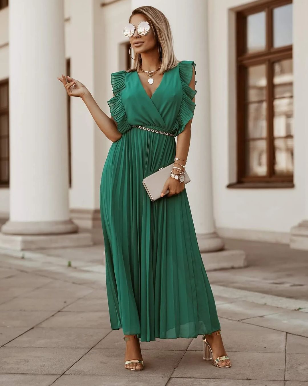 Fenna - Elegante geplooide maxi jurk in groen
