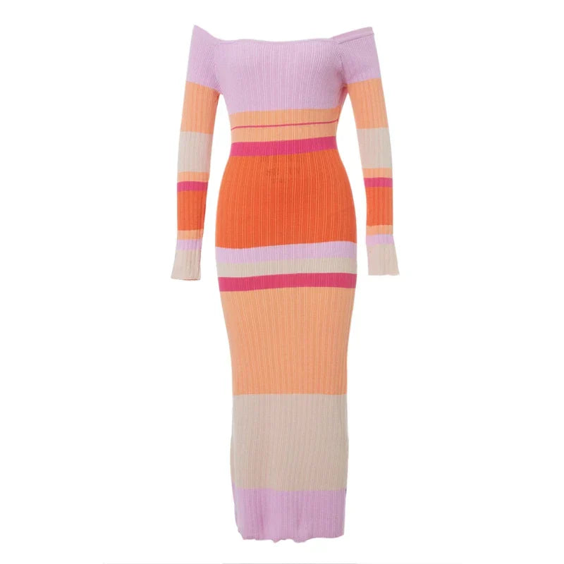 Douwe - Gebreide Off-Shoulder Maxi Jurk met Stijlvolle Strepen