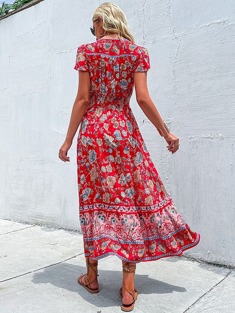 Juna - Elegante Rode Boho Maxi-Jurk met Vintage Flai