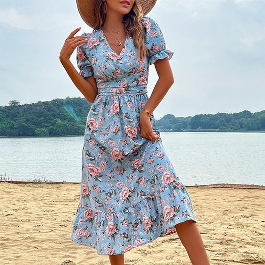 Maureen - Bloemige midi-jurk in blauw voor dames