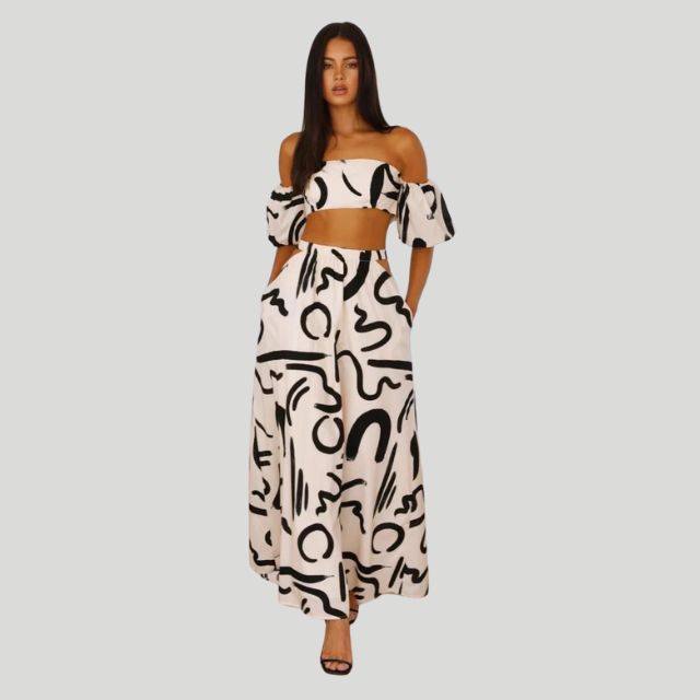 Ferre - Trendy Off-the-Shoulder Set met Abstracte Print