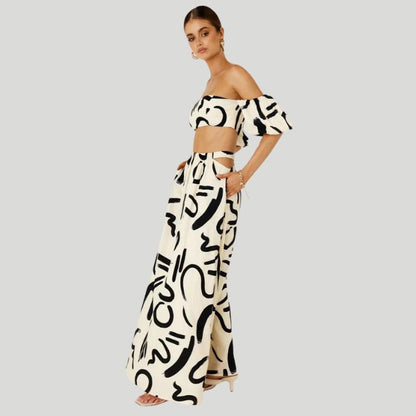 Ferre - Trendy Off-the-Shoulder Set met Abstracte Print