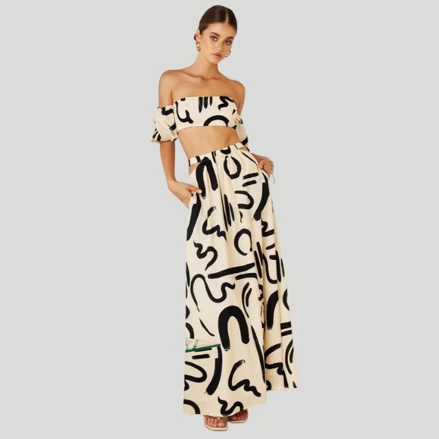 Ferre - Trendy Off-the-Shoulder Set met Abstracte Print