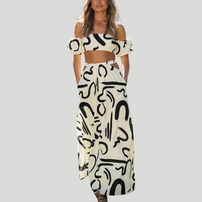 Ferre - Trendy Off-the-Shoulder Set met Abstracte Print