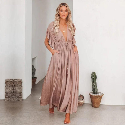 Ruffa - Taupekleurige Maxi Bohemian Jurk voor Dames