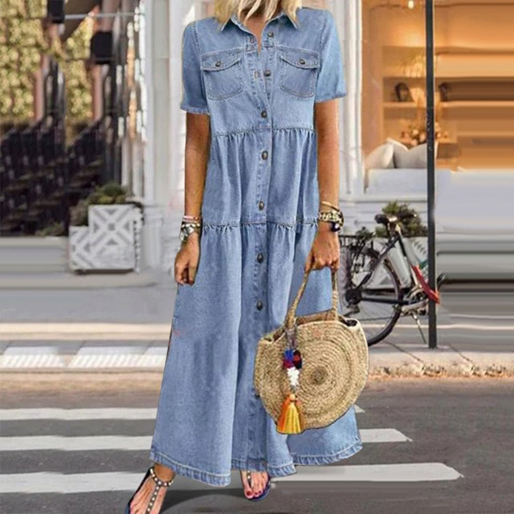 Elinor - Stijlvolle Denim Maxi Jurk voor Elke Gelegenheid