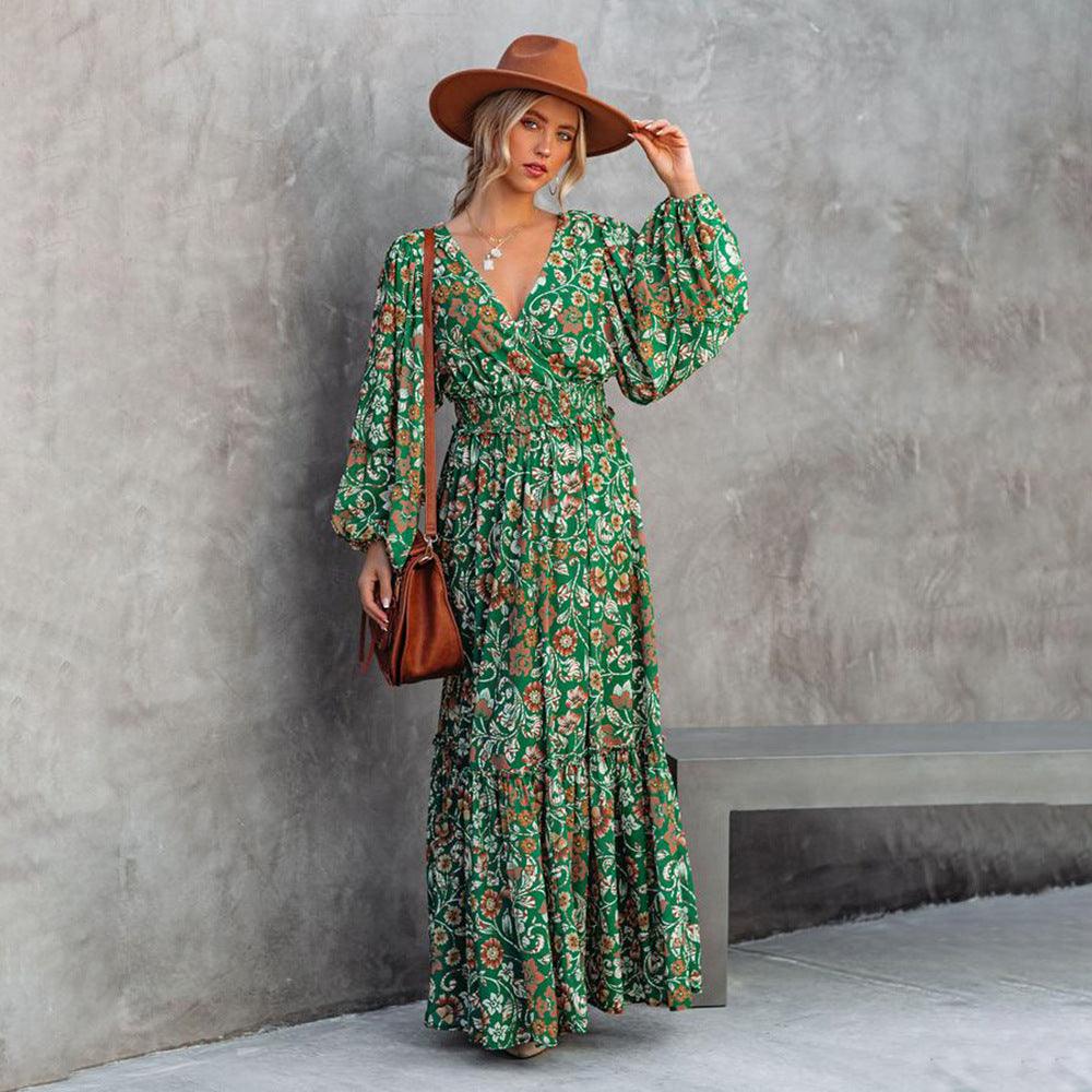 Fiya - Groene Bohemian Maxi Jurk met Bloemenprint