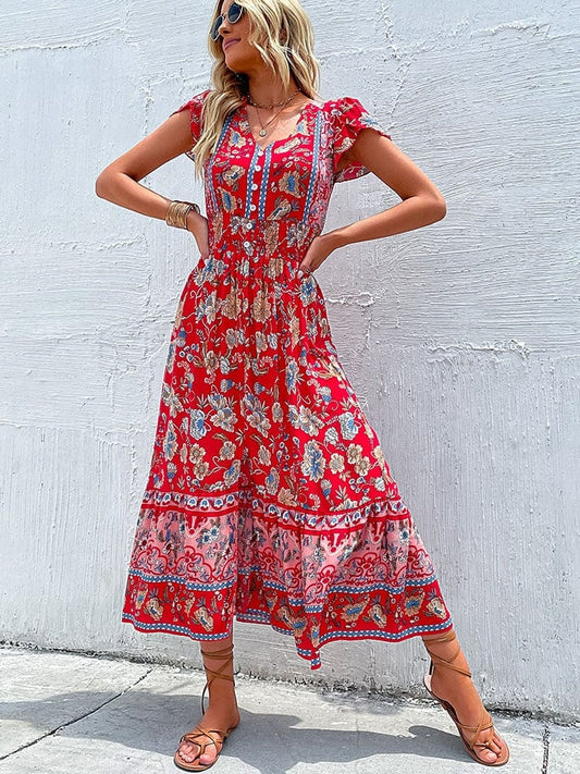 Juna - Elegante Rode Boho Maxi-Jurk met Vintage Flai