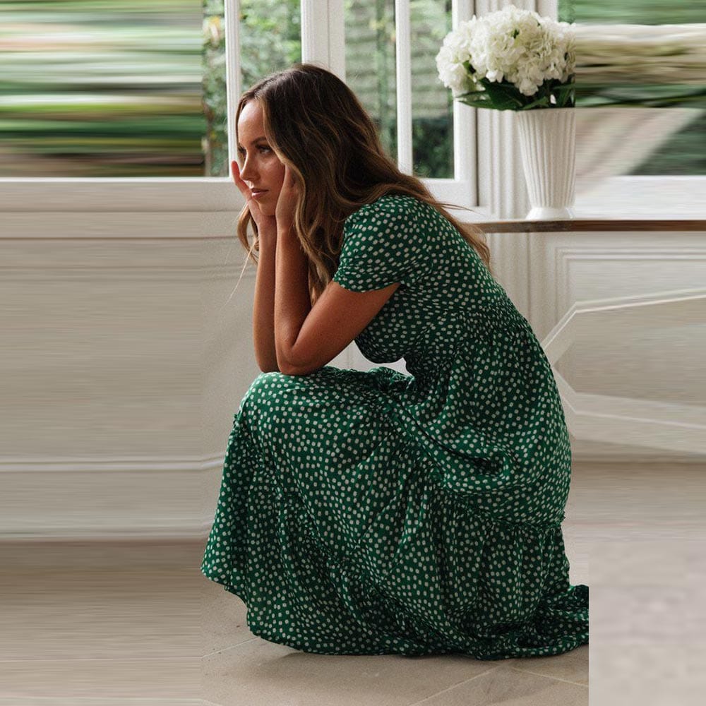 MIRABELLE - Groene bohemian midi-jurk met pofmouwen voor dames