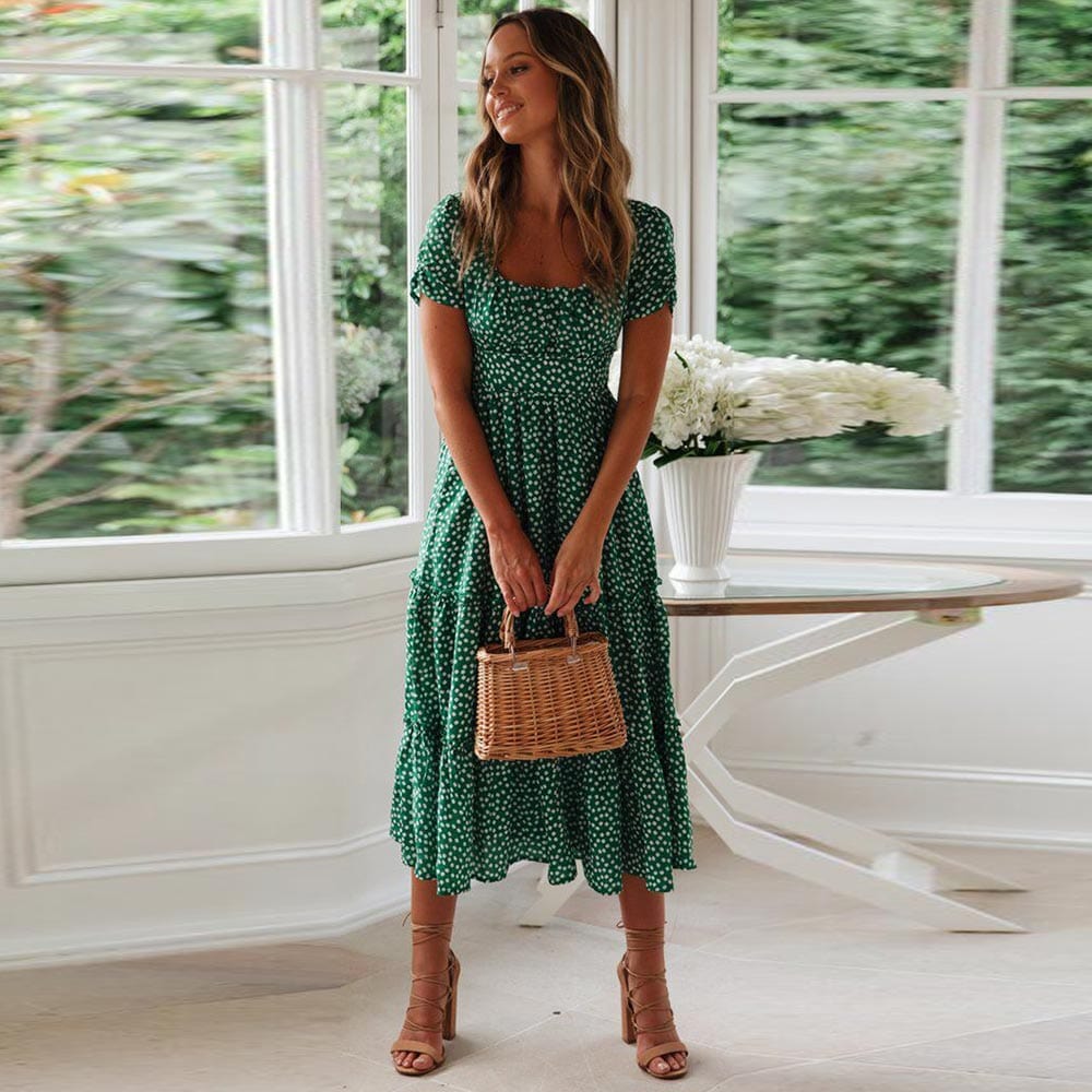 MIRABELLE - Groene bohemian midi-jurk met pofmouwen voor dames