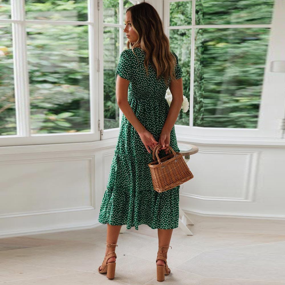 MIRABELLE - Groene bohemian midi-jurk met pofmouwen voor dames